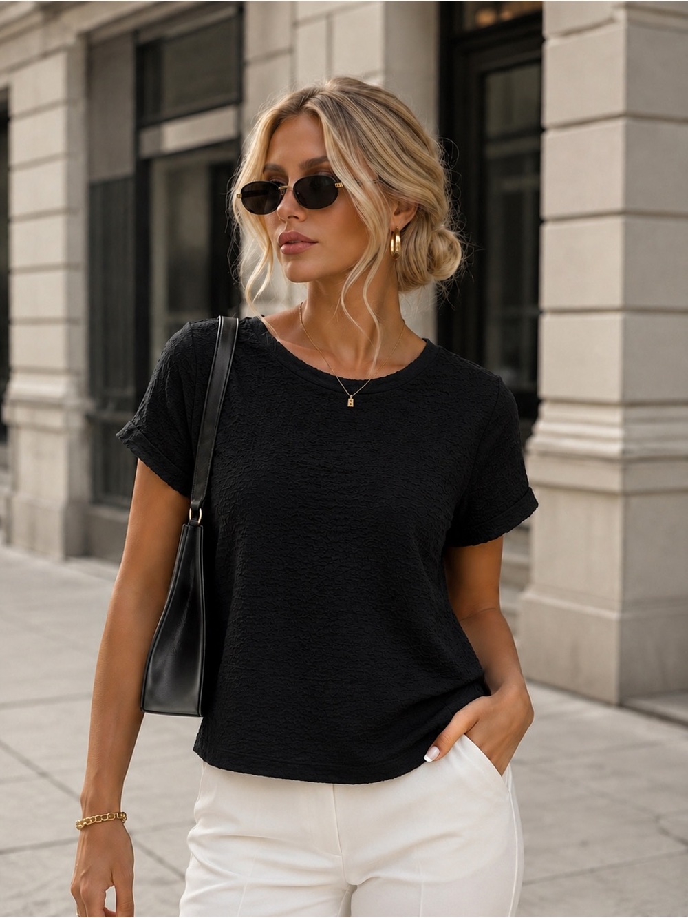 easel Black Short Sleeve Textured Crewneck Top